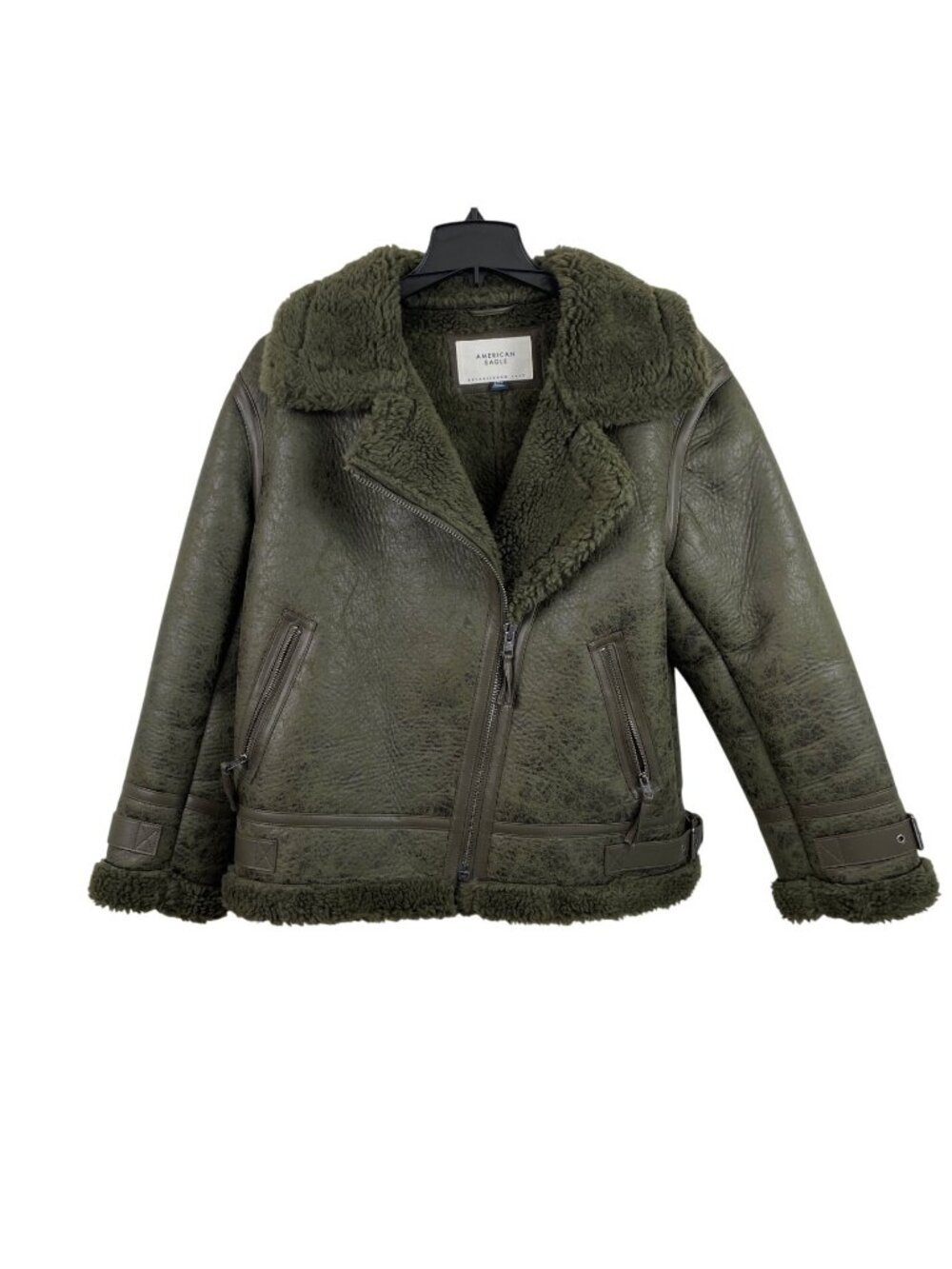 American Eagle Green Sherpa-Lined Faux Leather Jacket Womens Size M Full Zip